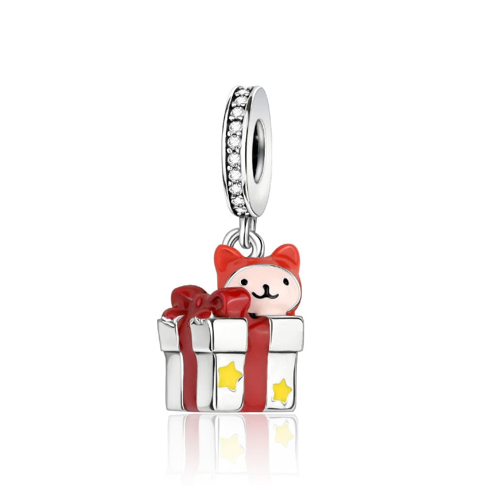 Pangama Jewelry Charm Adorable Cat in Gift Box Charm with Stars