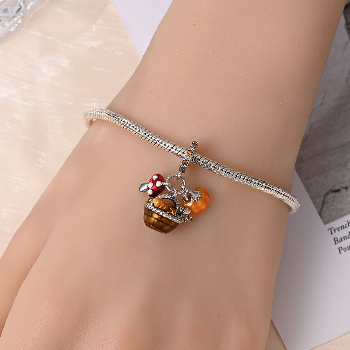 Pangama Jewelry Charm Autumn Basket Mushroom, Bread & Pumpkin Charm