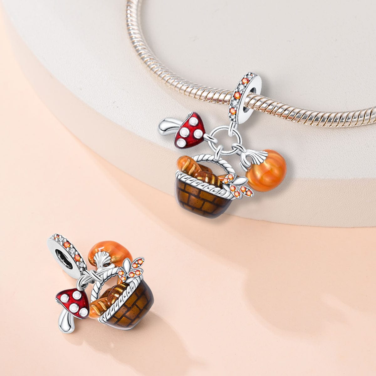 Pangama Jewelry Charm Autumn Basket Mushroom, Bread & Pumpkin Charm