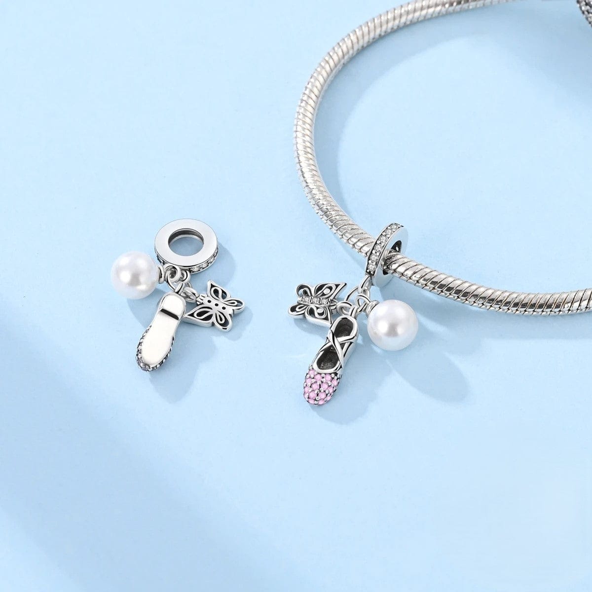 Pangama Jewelry Charm Ballet Slipper, Pearl & Butterfly Triple Dangle Charm