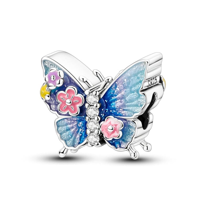 Pangama Jewelry Charm Blue Butterfly Charm with Glittering Floral Accents