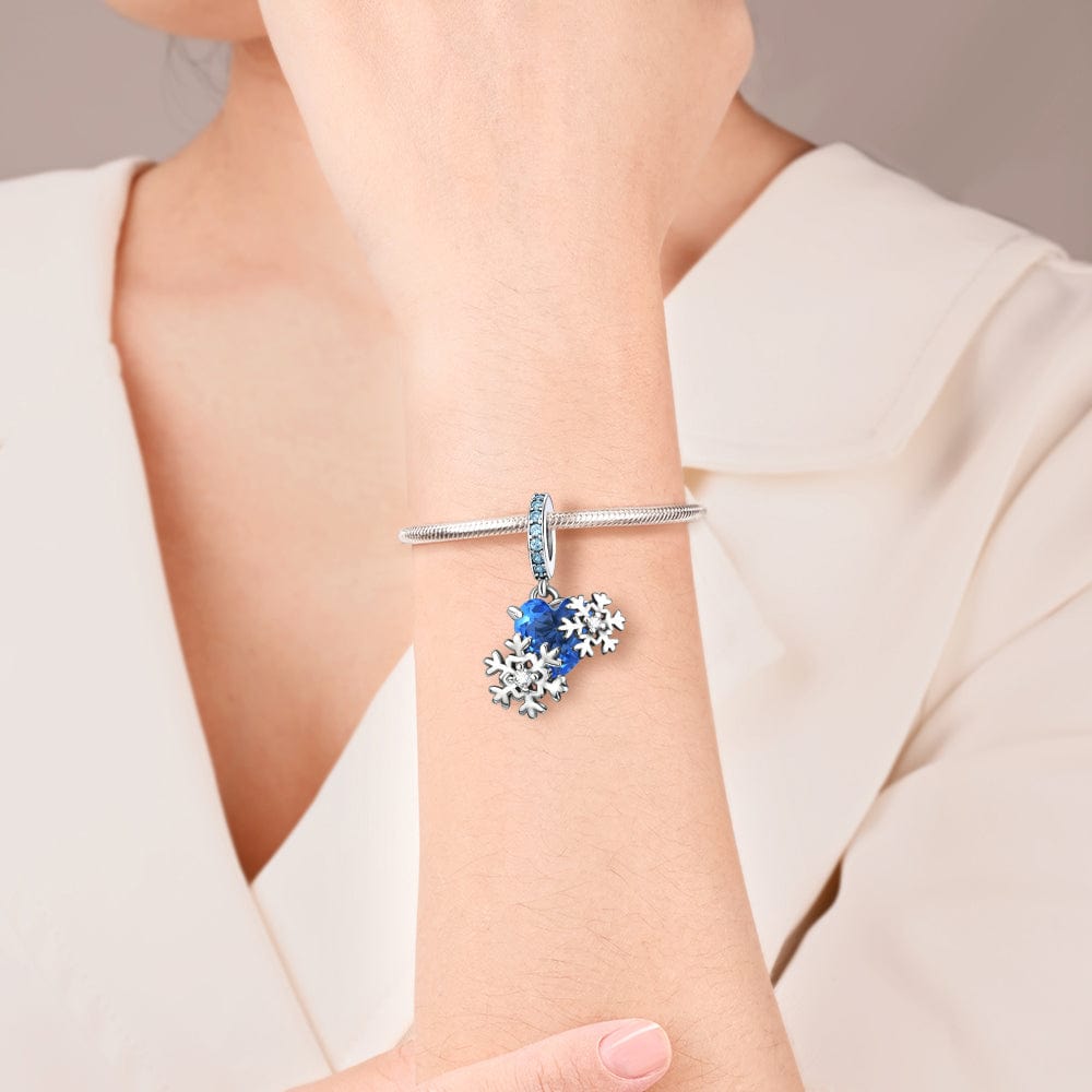 Pangama Jewelry Charm Blue Heart Snowflake Charm with Sparkling Accents