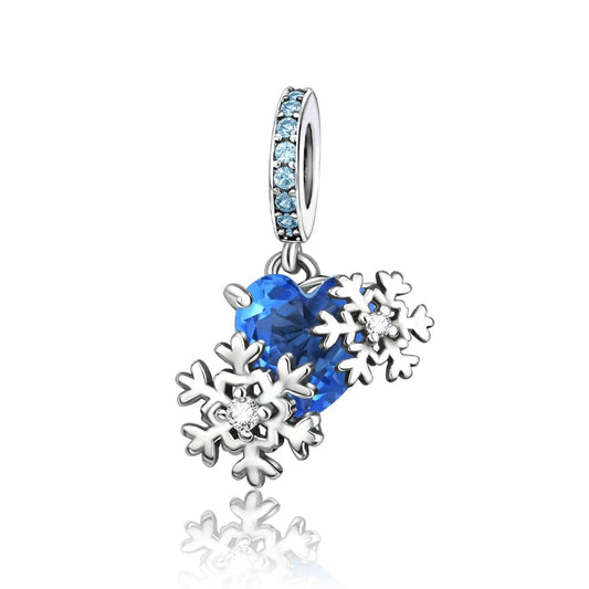 Pangama Jewelry Charm Blue Heart Snowflake Charm with Sparkling Accents