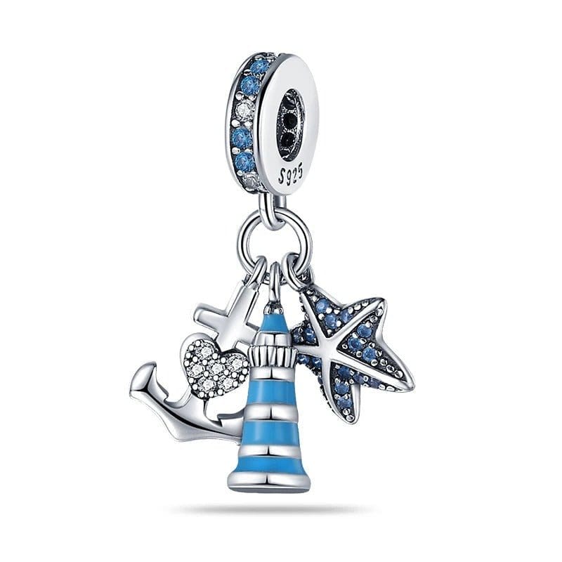 Pangama Jewelry Charm Blue LightHouse with Starfish & Anchor Triple Dangle Charm