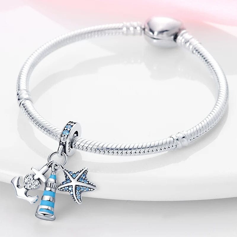 Pangama Jewelry Charm Blue LightHouse with Starfish & Anchor Triple Dangle Charm