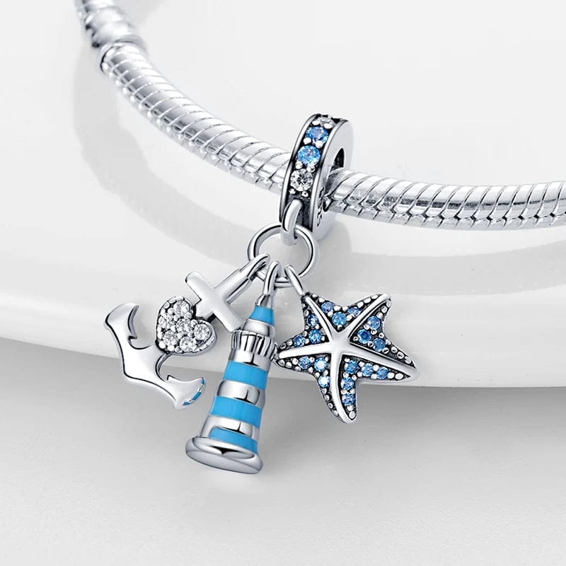 Pangama Jewelry Charm Blue LightHouse with Starfish & Anchor Triple Dangle Charm