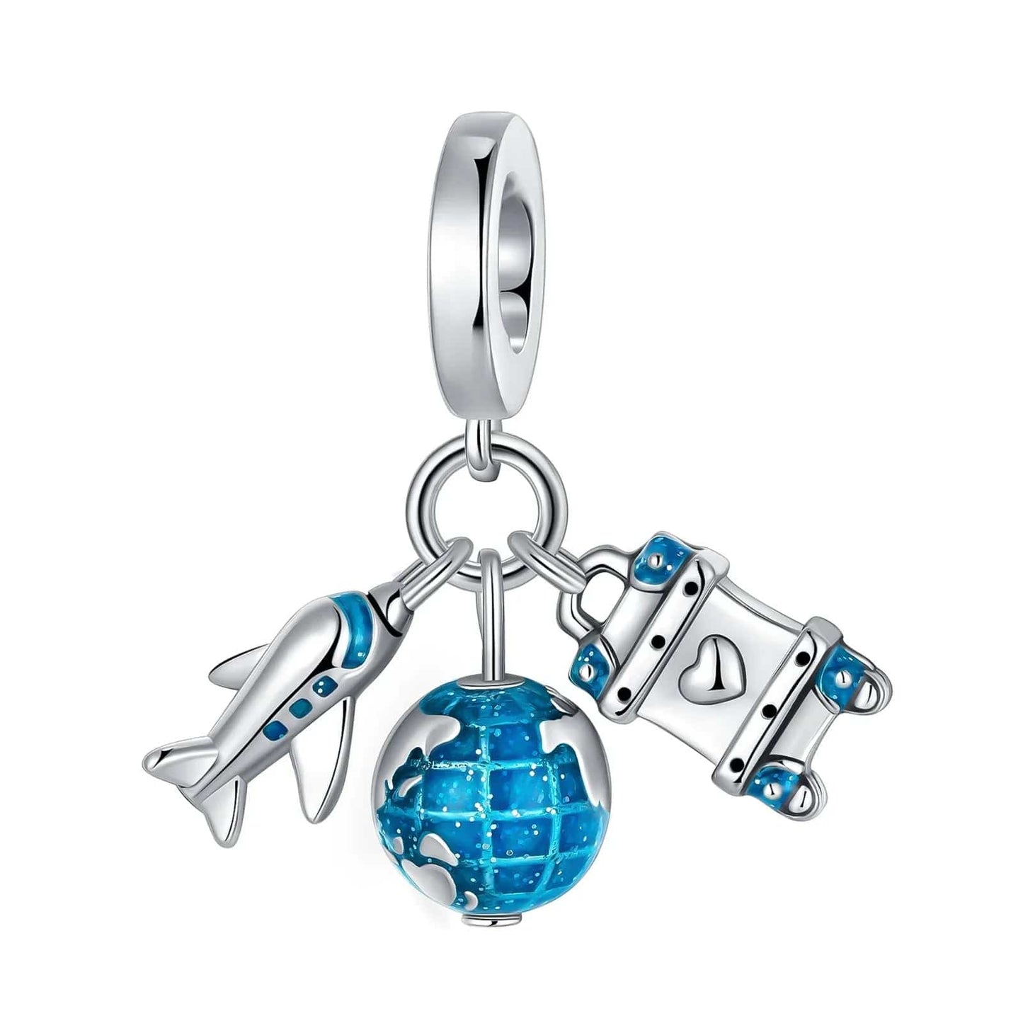 Pangama Jewelry Charm Blue Plane Planet and Luggage Travel Dangle Charm