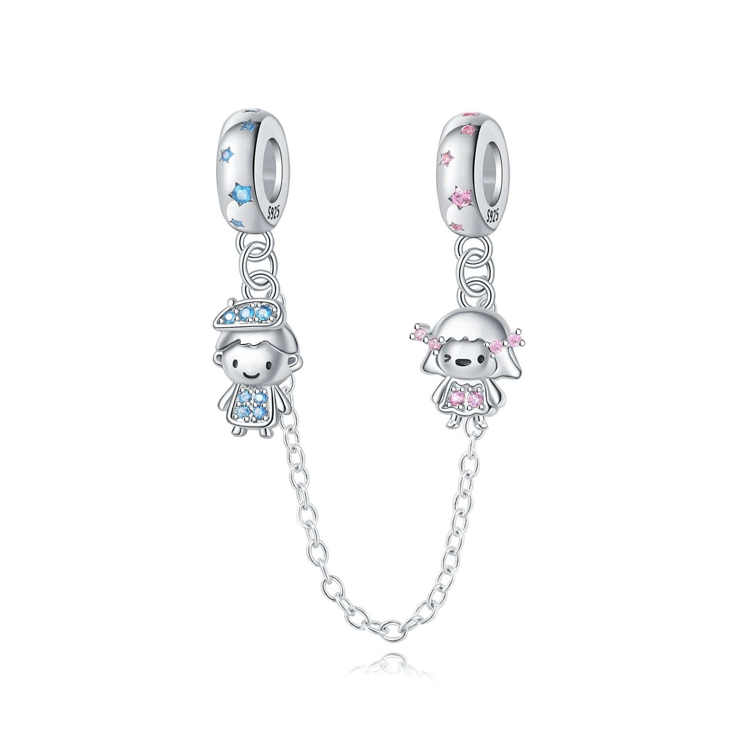 Pangama Jewelry Charm Boy and Girl Safety Chain with Blue and Pink Crystals