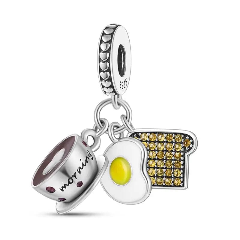 Pangama Jewelry Charm Breakfast Morning Coffee Fried Egg Toast Dangle Charm