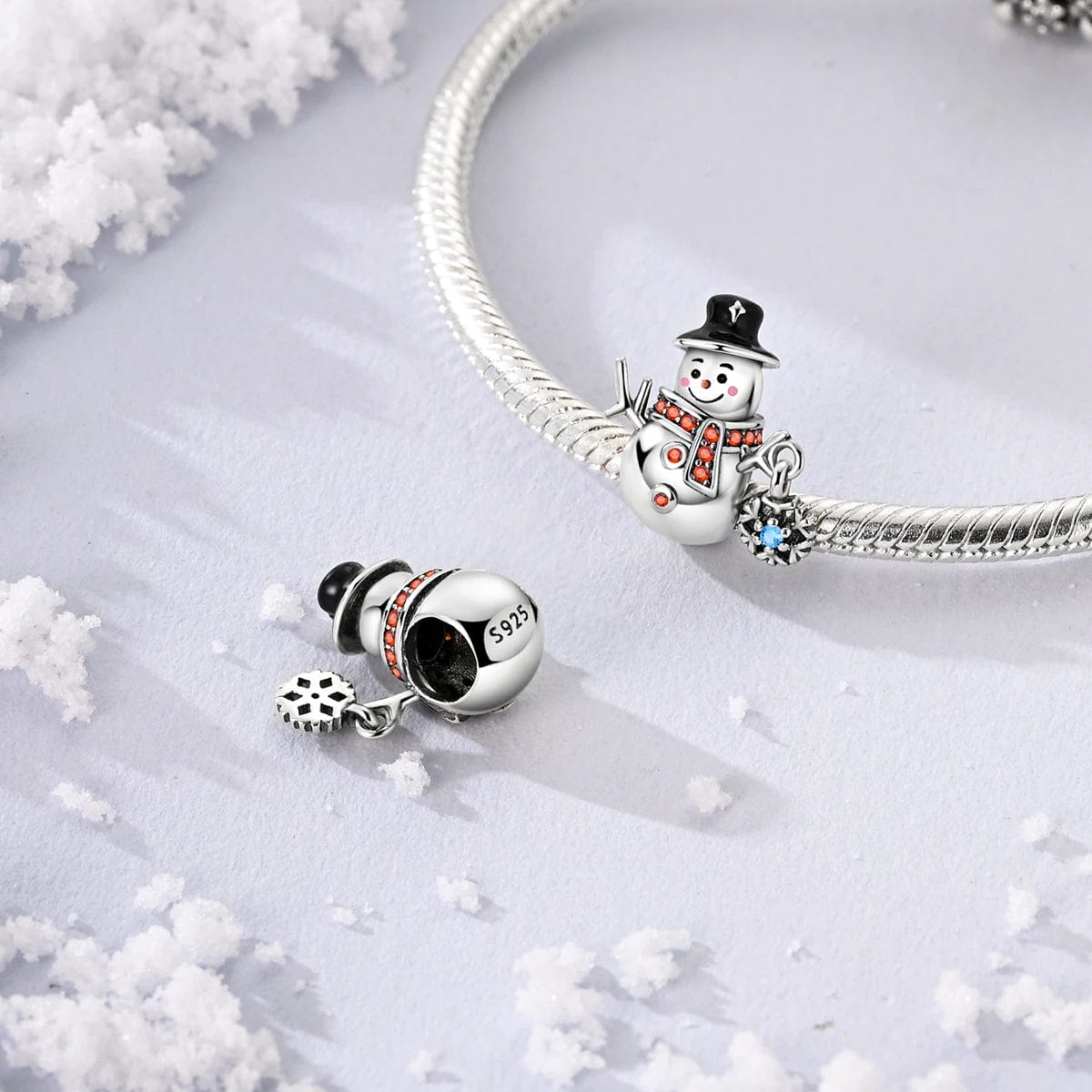 Pangama Jewelry Charm Christmas Snowman Charm with Orange Crystals and Snowflake Accent