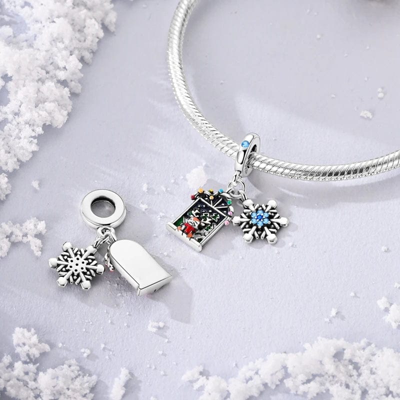 Pangama Jewelry Charm Christmas Window Scene and Snowflake Duo Charm