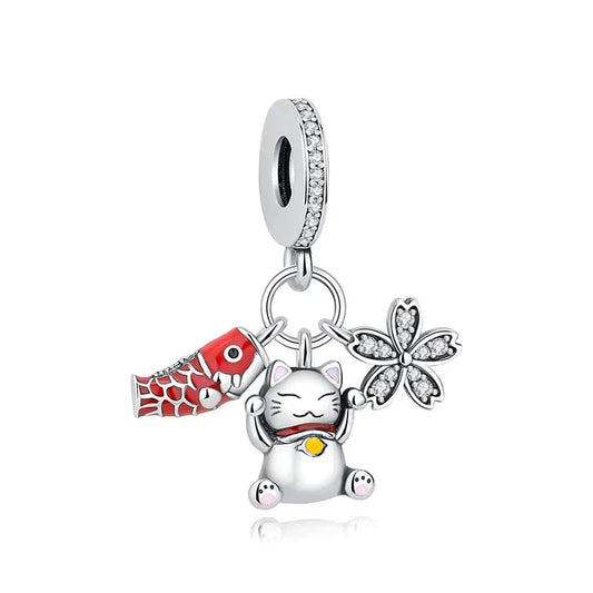 Pangama Jewelry Charm Cute Lucky Fortune Cat Triple Dangle Charm