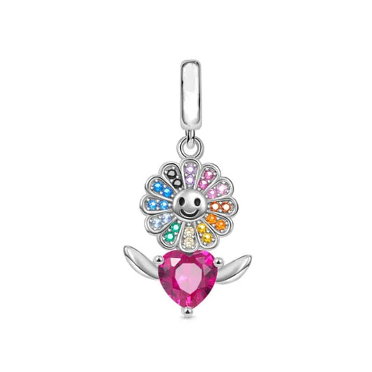 Pangama Jewelry Charm Daisy Flower Pink Heart Dangle Charm