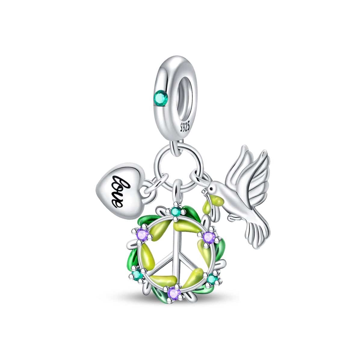 Pangama Jewelry Charm Dove, Peace Wreath, and Love Heart Triple Dangle Charm