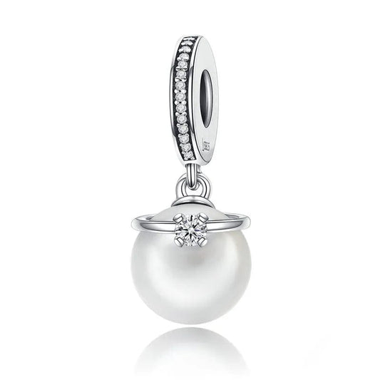 Pangama Jewelry Charm Elegant Pearl and Clear Crown CZ Dangle Charm