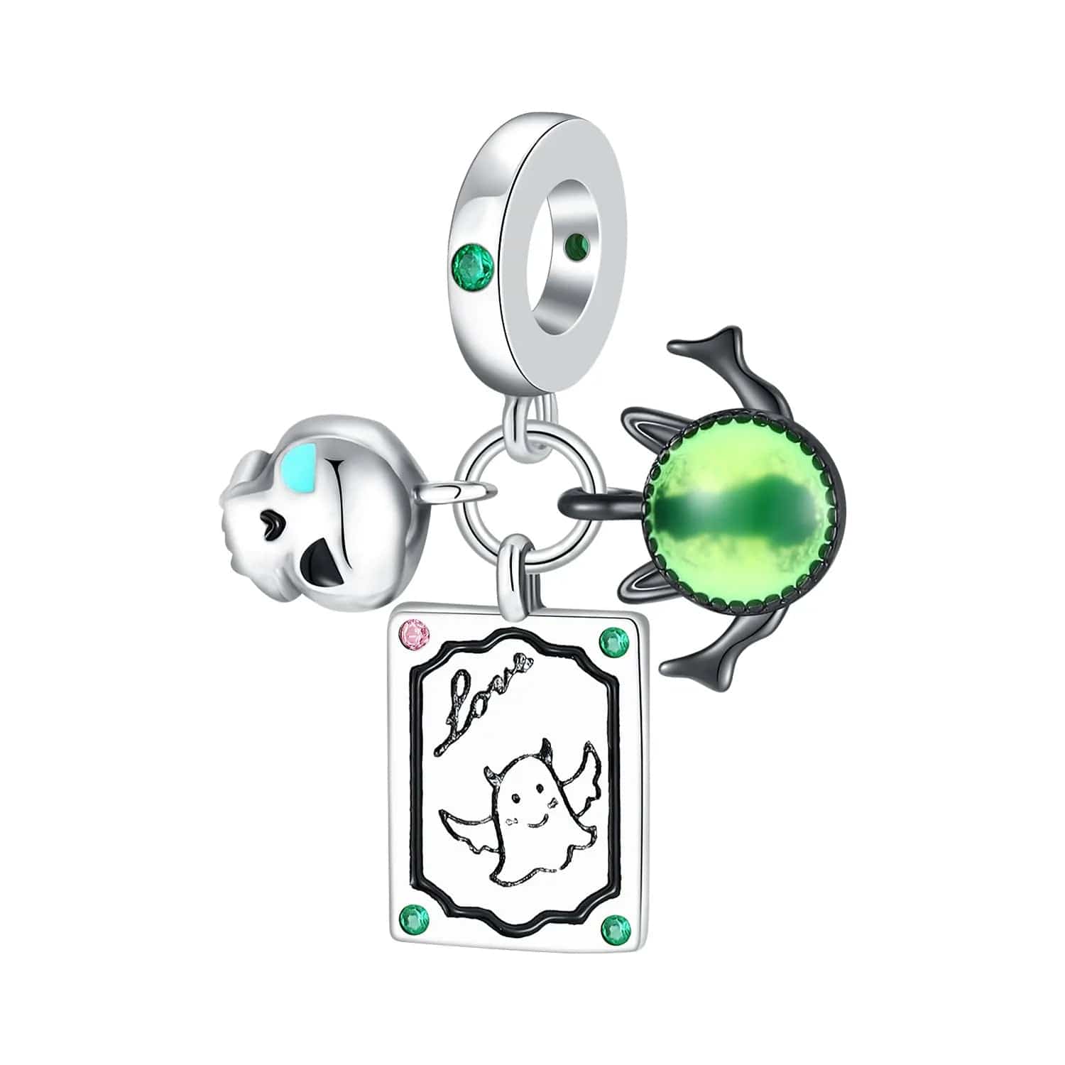 Pangama Jewelry Charm Enchanting Ghost Charm with Skull, 'Love' Token, and Green Gem