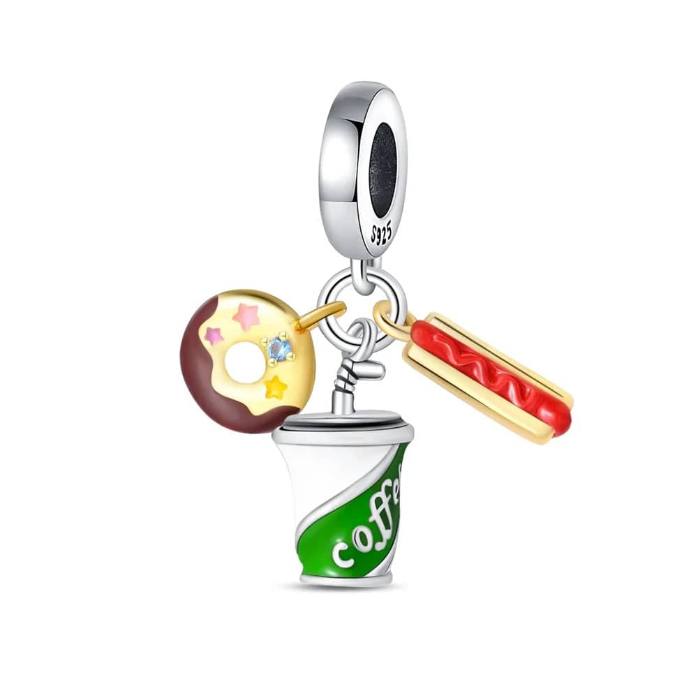 Pangama Jewelry Charm Fast Food Doughnut, Coffee & Hotdog Triple Dangle Charm