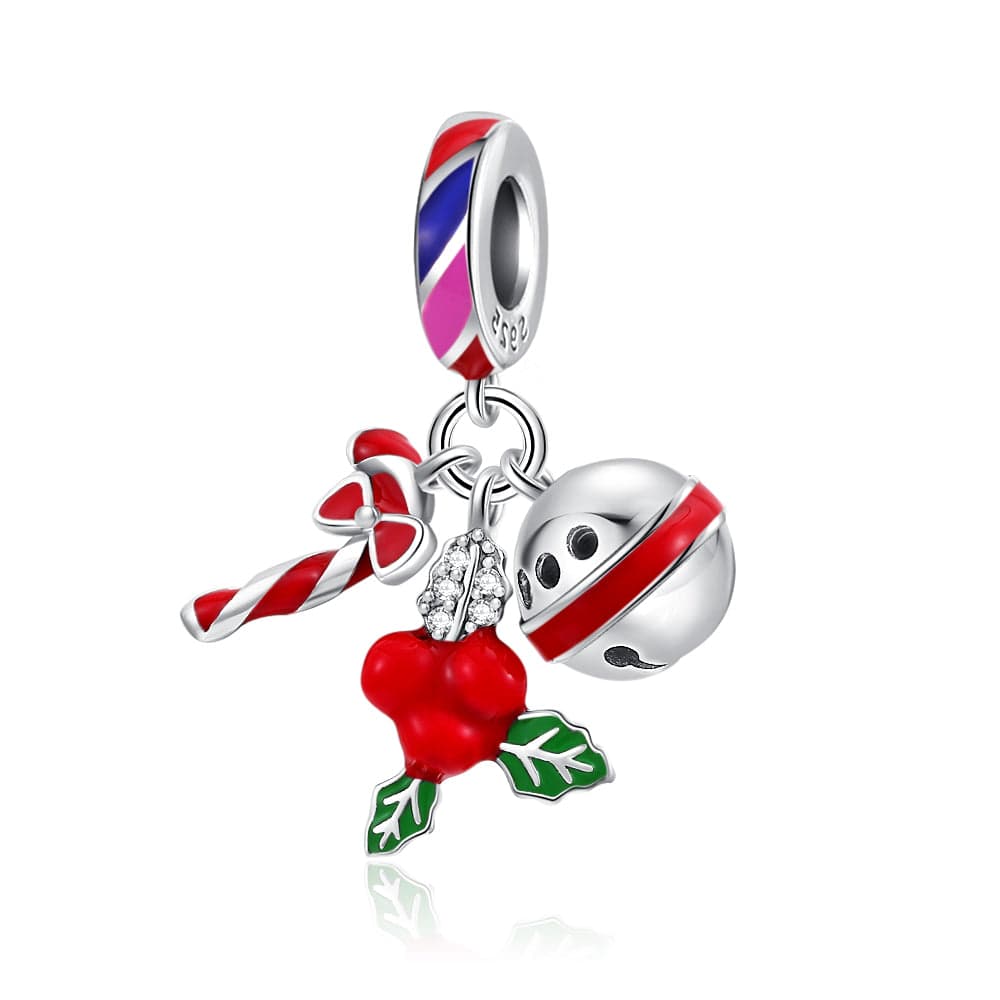 Pangama Jewelry Charm Festive Holiday Charm with Candy Cane, Holly & Bell