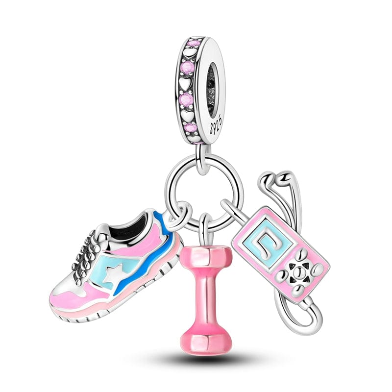 FitnessTripleDangleCharm-Sneaker,Dumbbell&Earphones