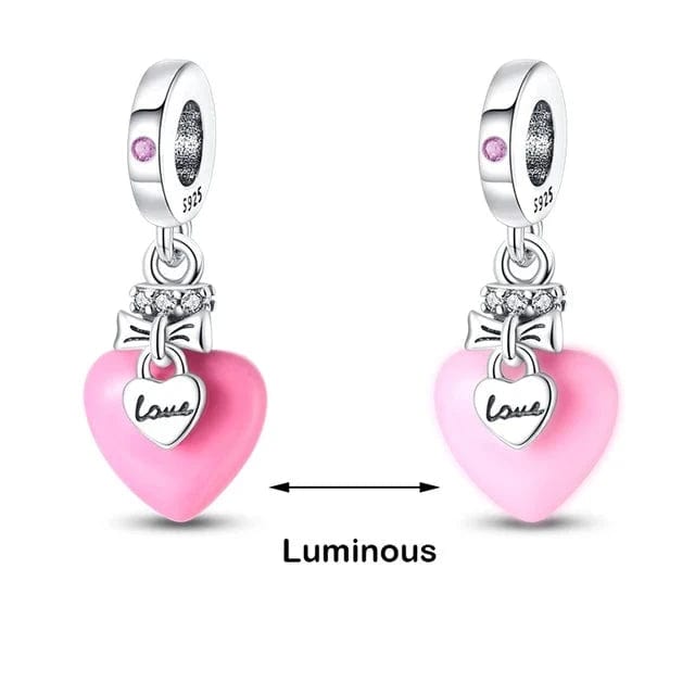 Pangama Jewelry Charm Glow in the Dark Luminous Pink Love Heart Dangle Charm