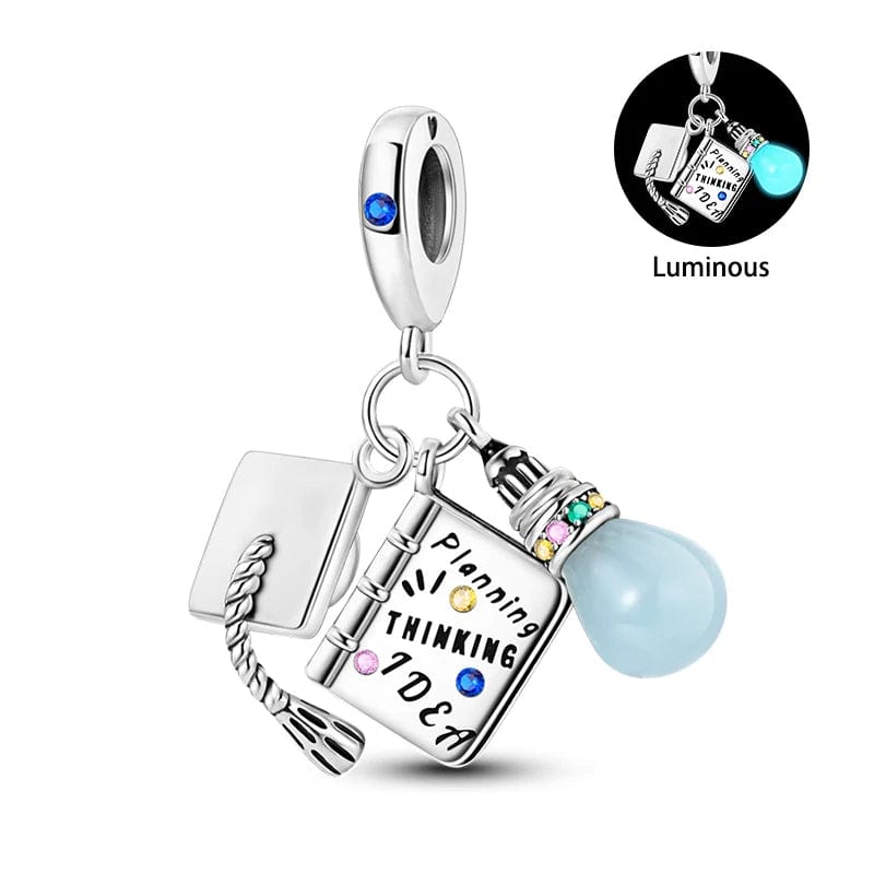 Pangama Jewelry Charm Graduation Cap, Book "Planning Thinking Idea" and Light Bulb Luminous Charm