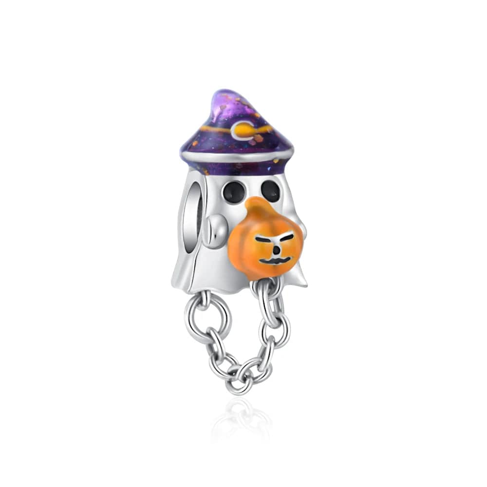 Pangama Jewelry Charm Halloween Ghost with Purple Hat & Hanging Pumpkin Charm