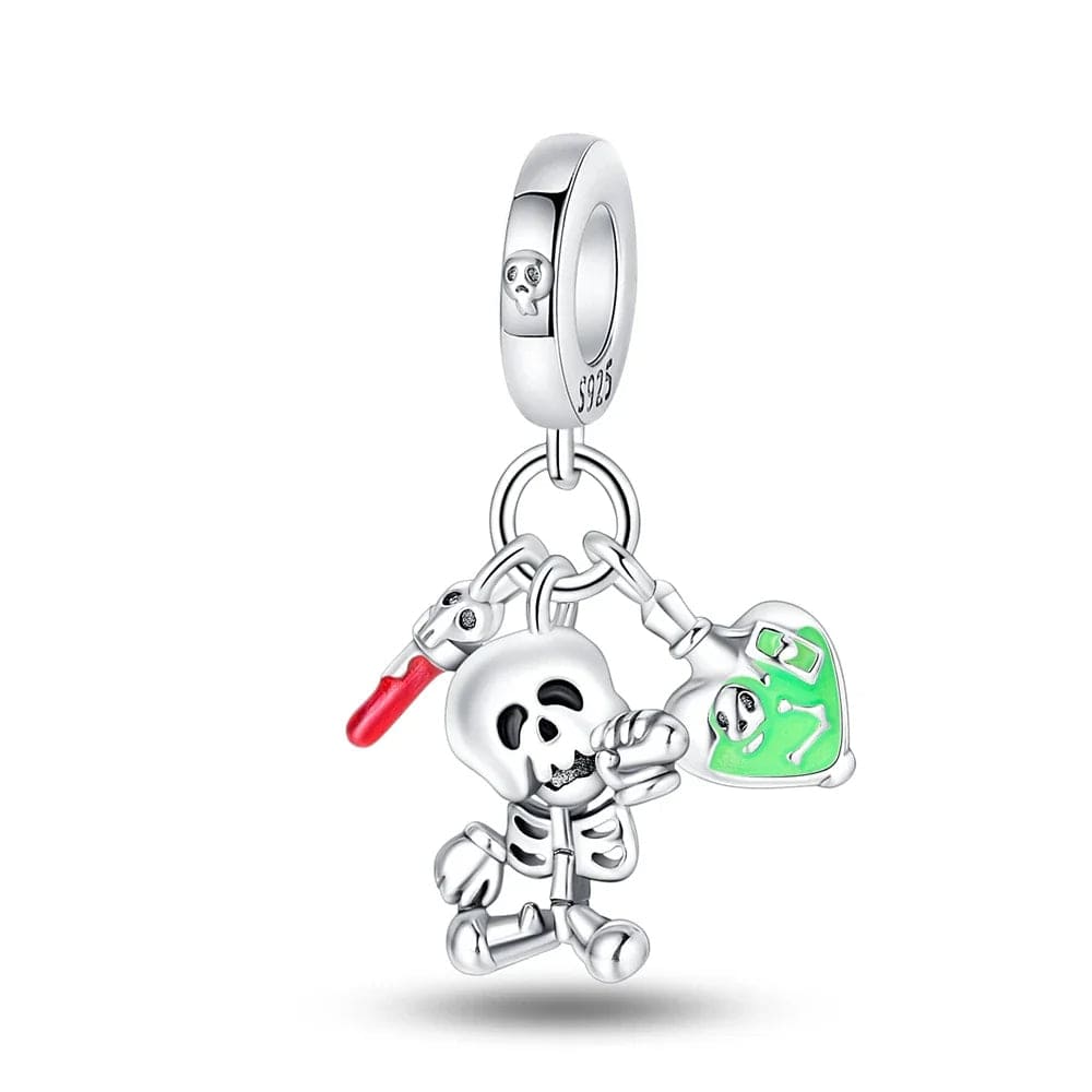 Pangama Jewelry Charm Halloween Skeleton wih Green Heart Triple Dangle Charm