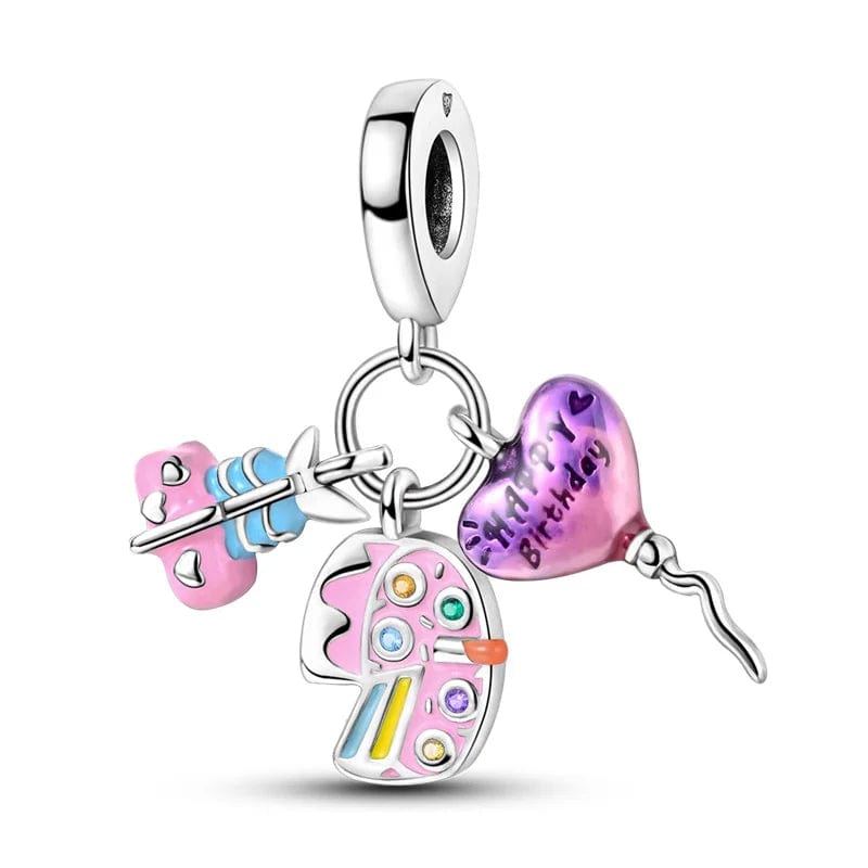 Pangama Jewelry Charm Happy Birthday Charm Pink Cake Balloon Presents