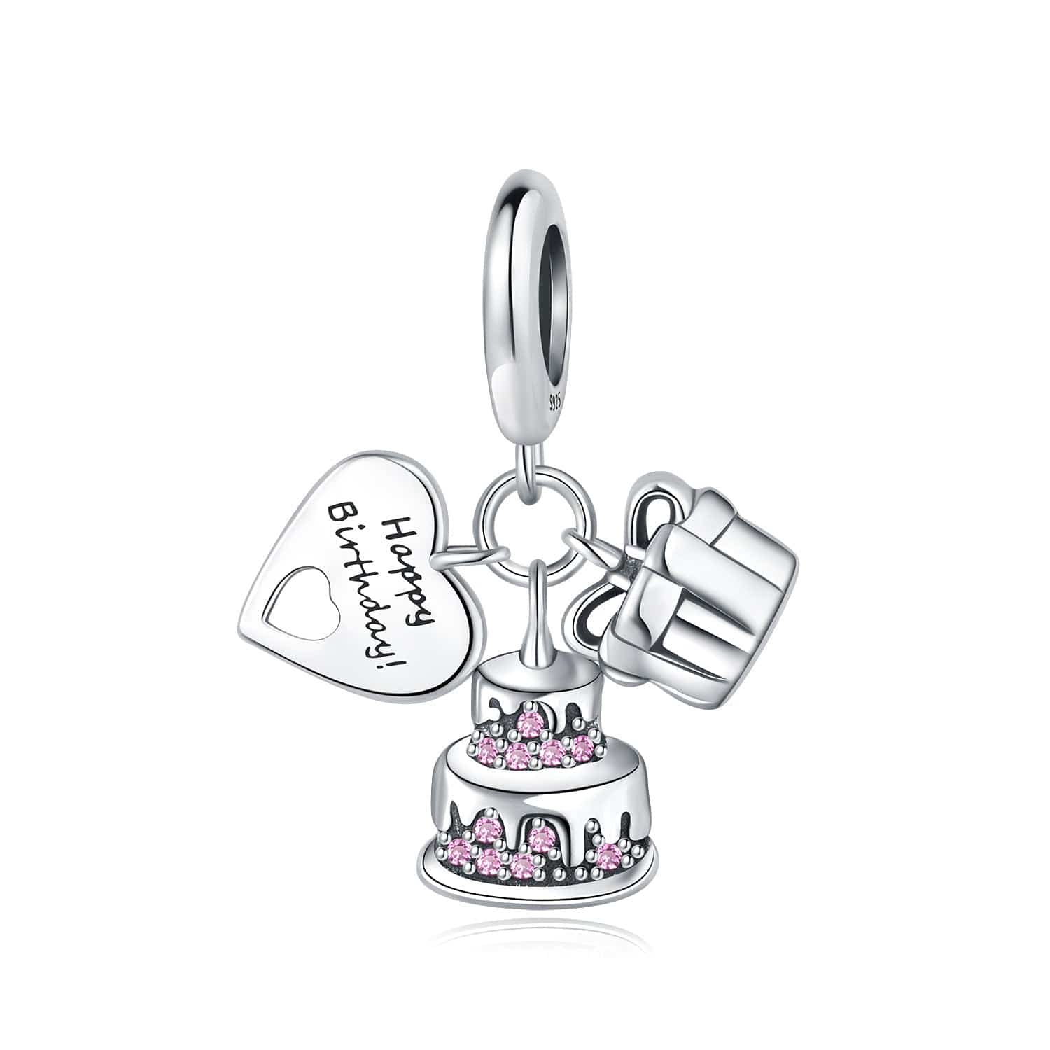 Pangama Jewelry Charm Happy Birthday Charm with Cake, Gift, and Heart