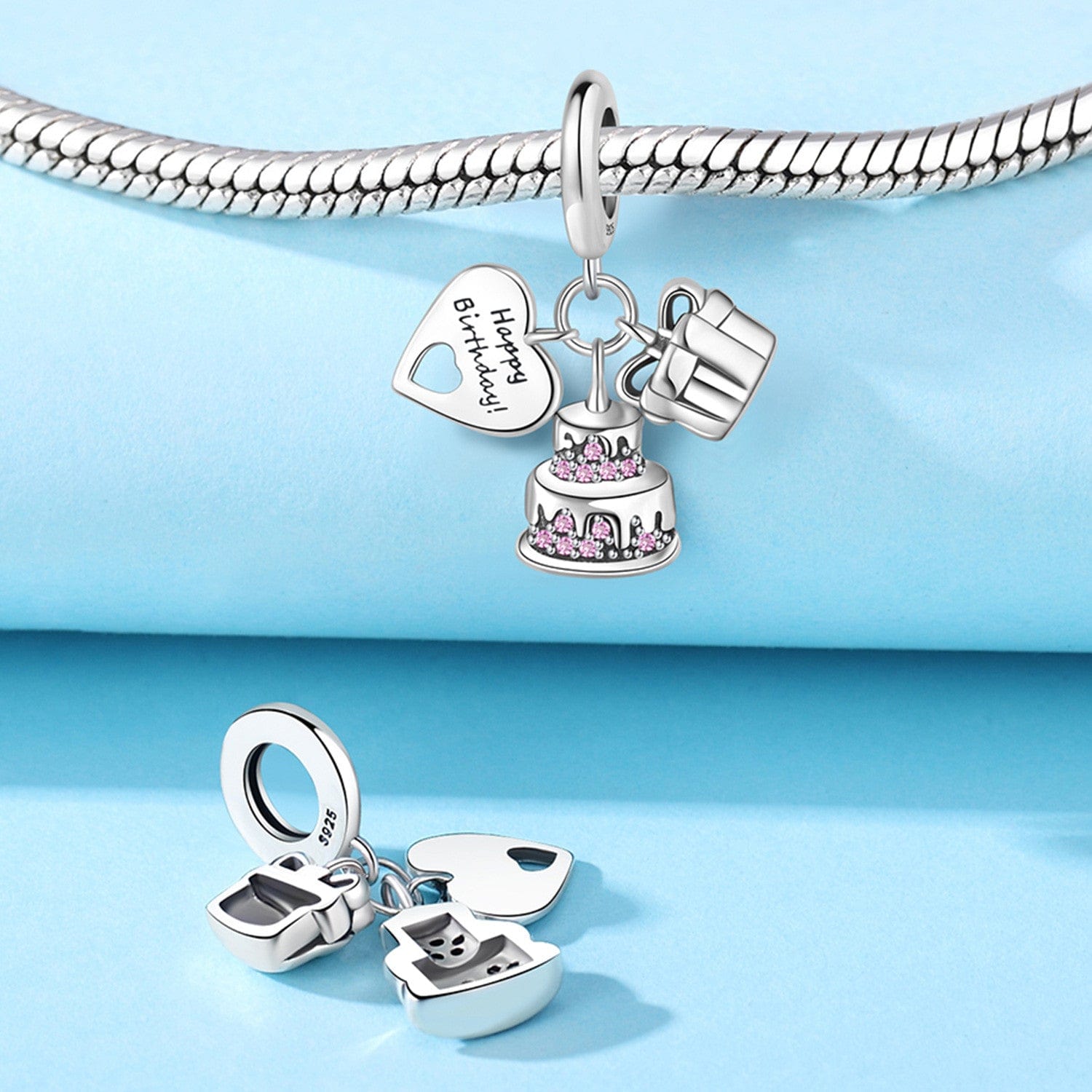 Pangama Jewelry Charm Happy Birthday Charm with Cake, Gift, and Heart