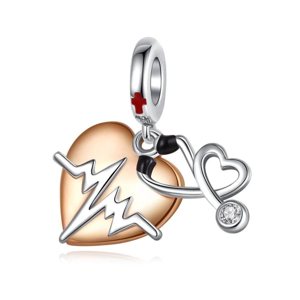 Pangama Jewelry Charm Heartbeat & Stethoscope Medical Double Dangle Charm