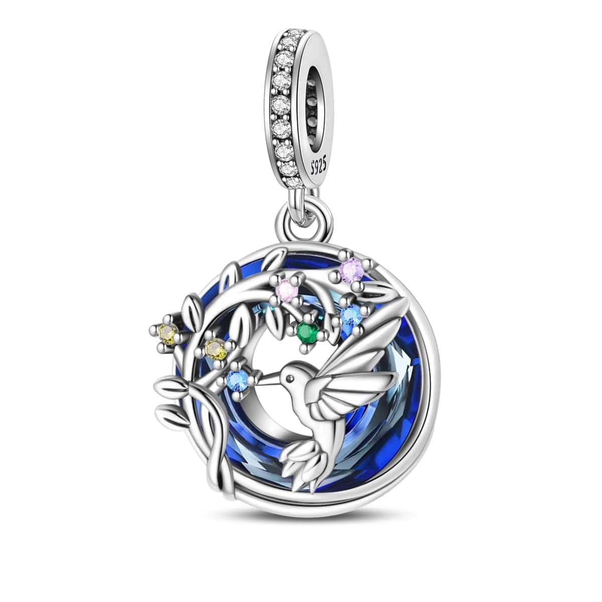 Pangama Jewelry Charm Hummingbird and Floral Sapphire Crystal Dangle Charm