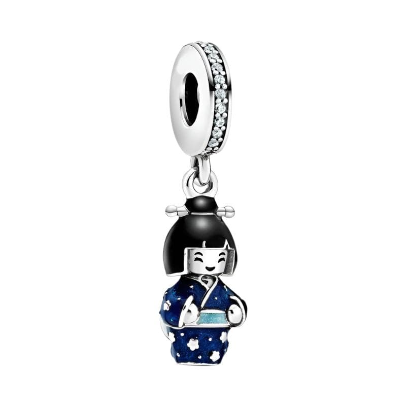 Pangama Jewelry Charm Japanese Doll in Blue Kimono Dangle Charm