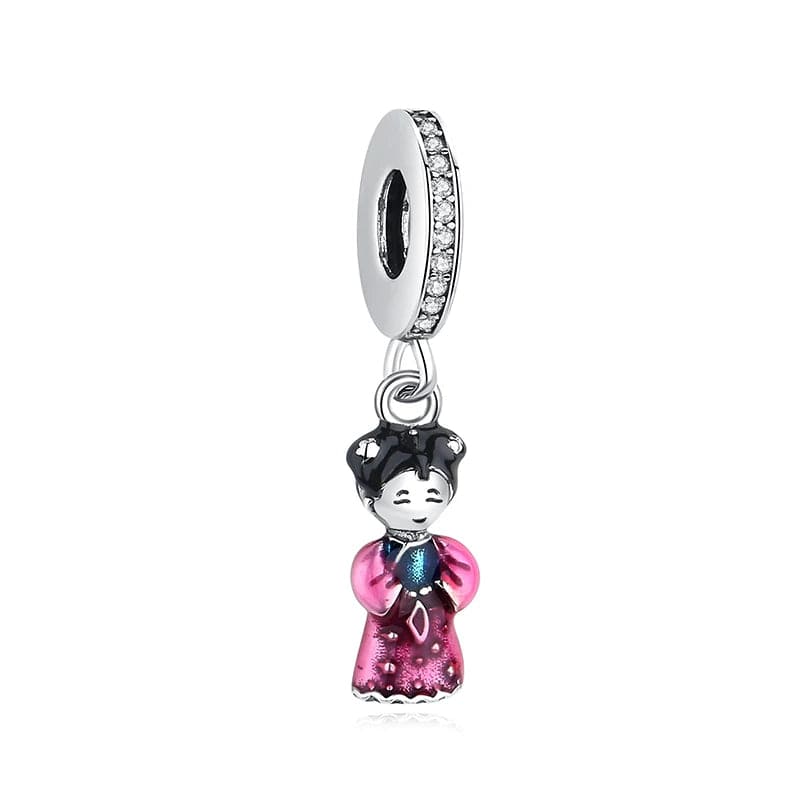 Pangama Jewelry Charm Japanese Doll in Pink Kimono Geisha Dangle Charm