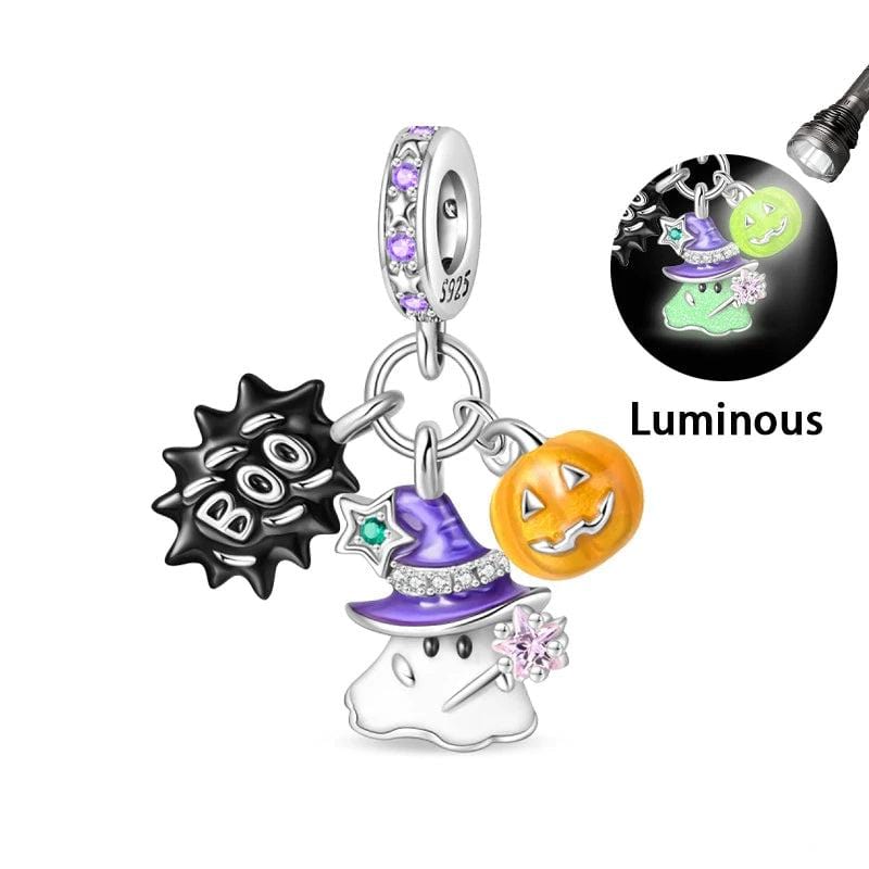 Pangama Jewelry Charm Luminous Halloween Charm, Witchy Ghost and Pumpkin Delight