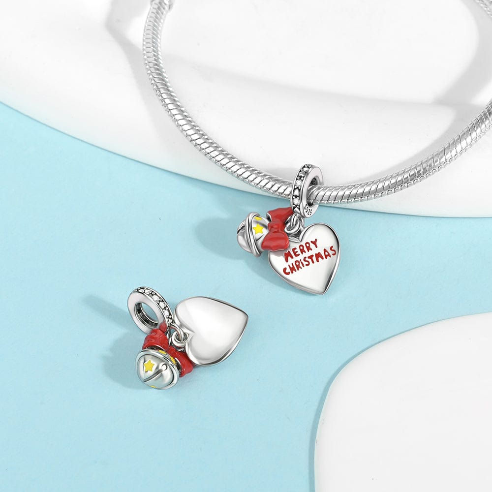 Pangama Jewelry Charm Merry Christmas Heart Charm with Festive Bell