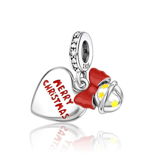 Pangama Jewelry Charm Merry Christmas Heart Charm with Festive Bell