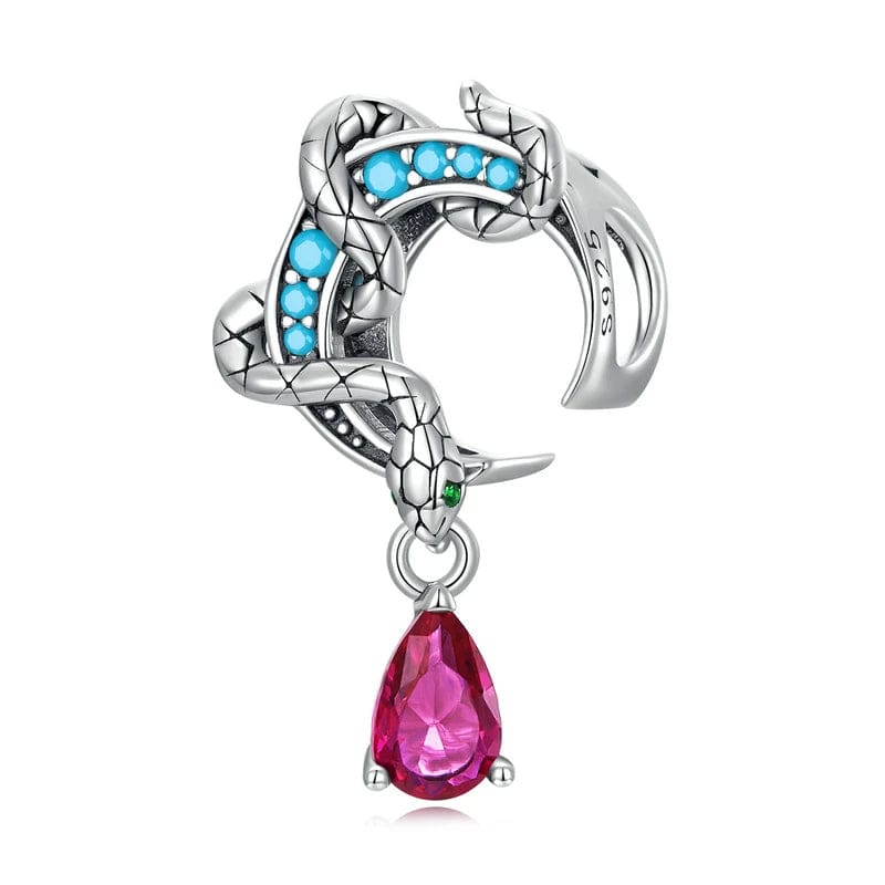 Pangama Jewelry Charm Mystic Serpent and Moon Charm with Turquoise and Ruby Gem