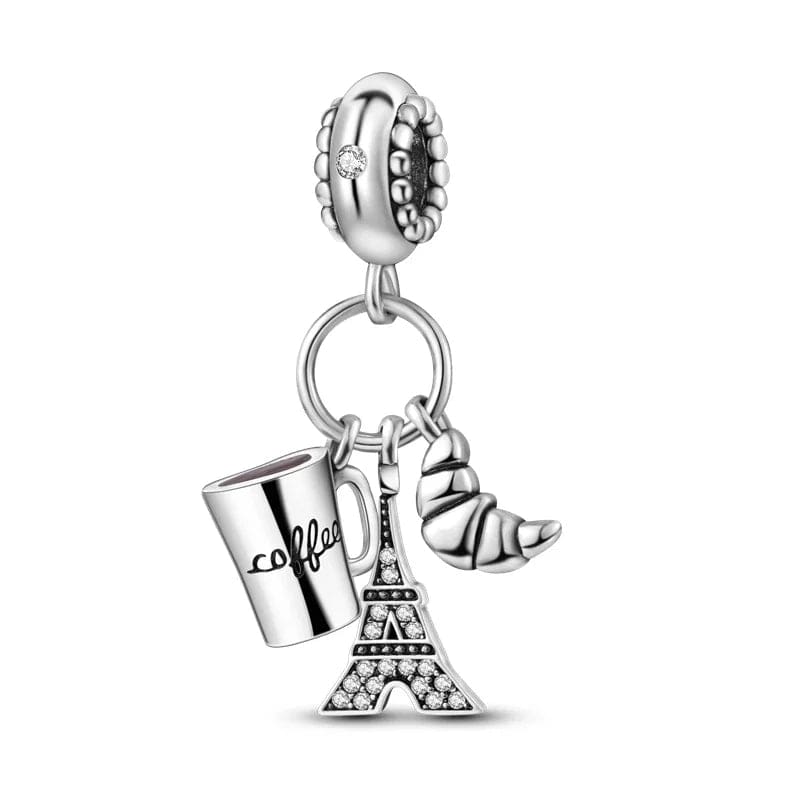 Pangama Jewelry Charm Paris Eiffel Tower Croissant Coffee France Holiday Dangle Charm