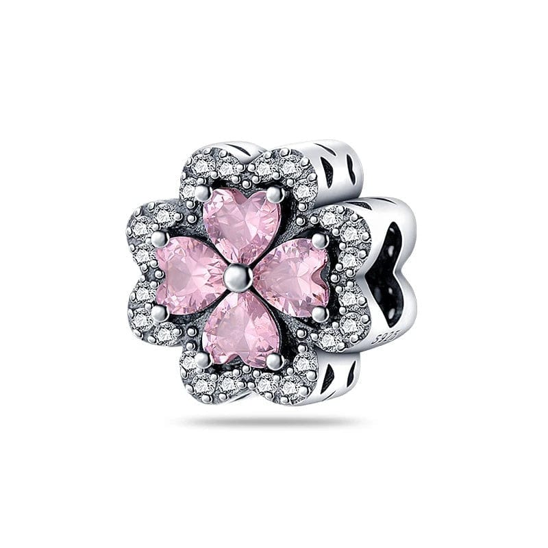 Pangama Jewelry Charm Pink Diamond Four-Leaf Clover Flower