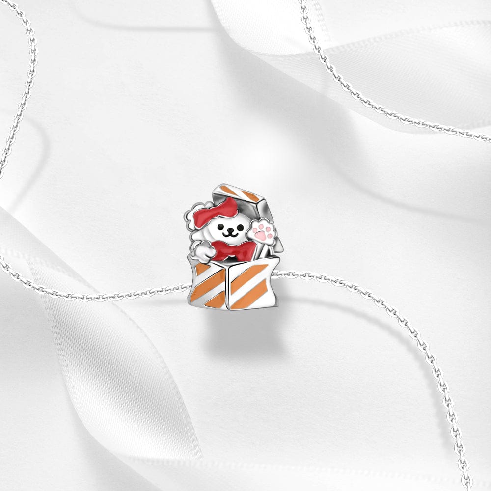 Pangama Jewelry Charm Playful Puppy in Gift Box Charm with Paw Print