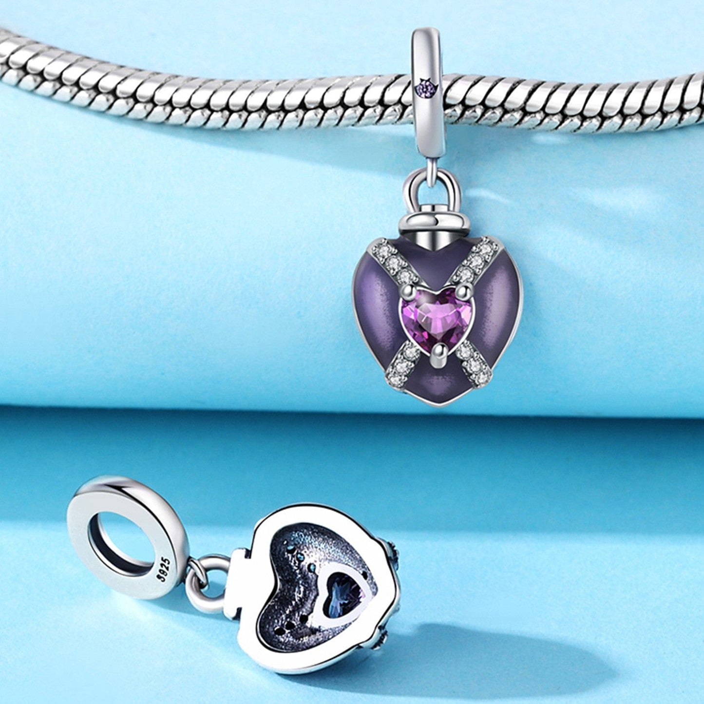 Pangama Jewelry Charm Purple Heart Charm with Sparkling Pink Gemstone