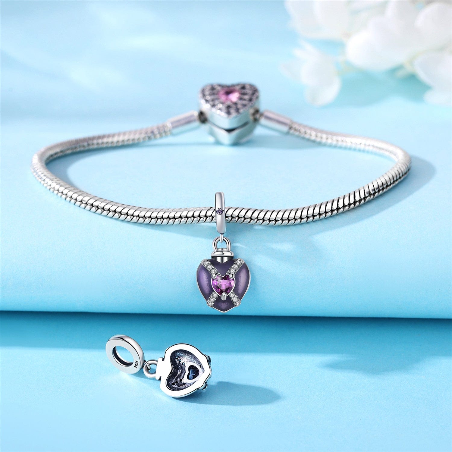 Pangama Jewelry Charm Purple Heart Charm with Sparkling Pink Gemstone