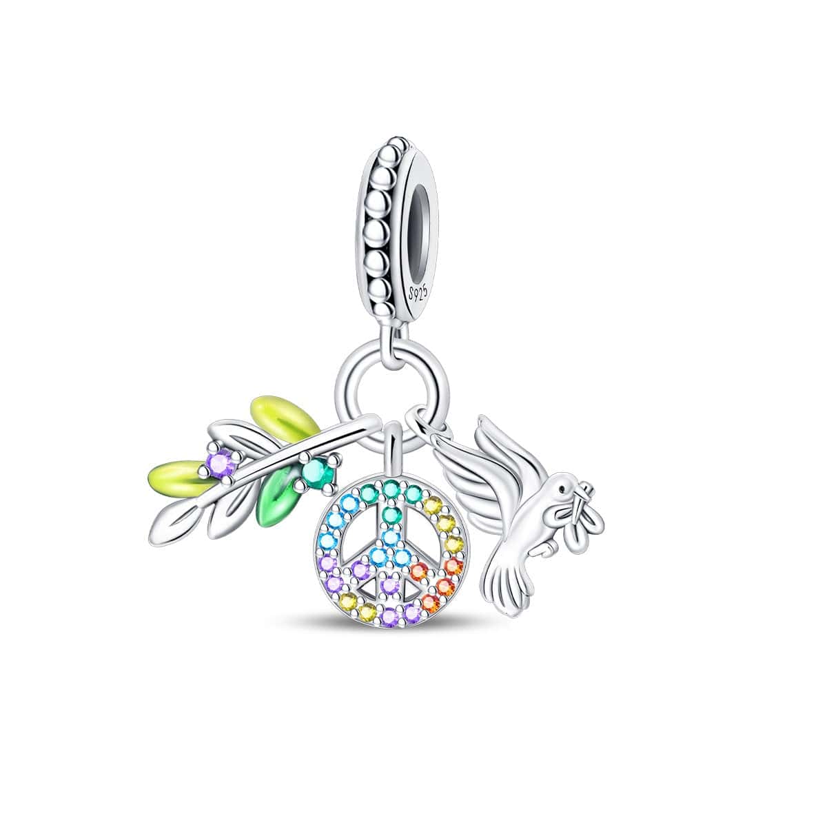 Pangama Jewelry Charm Rainbow Peace Sign with Dove and Olive Branch Charm