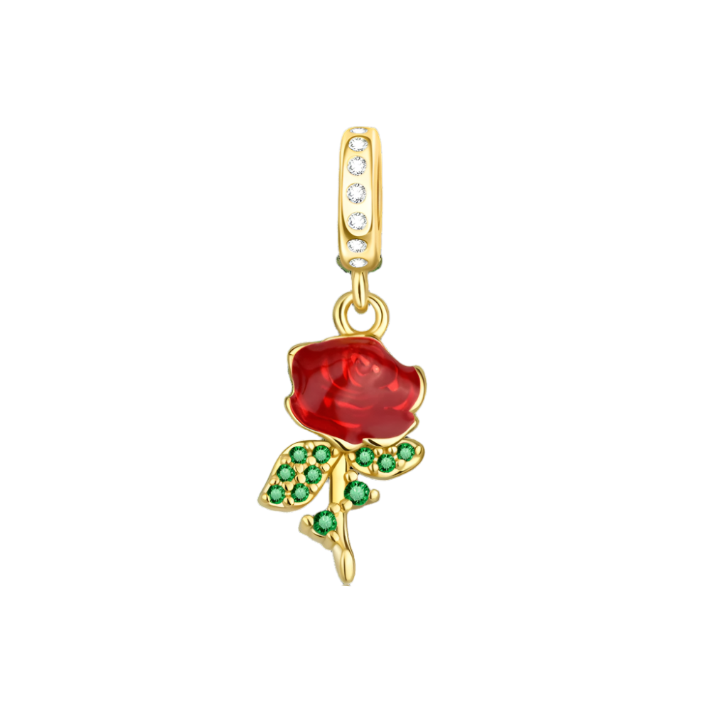 Pangama Jewelry Charm Red Rose Charm with Green Crystal Leaves