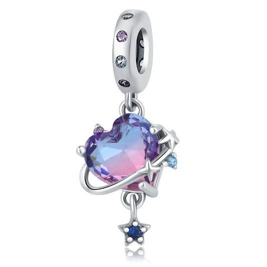 Pangama Jewelry Charm Romantic Universe Theme Murano Glass Purple Heart Dangle Charm