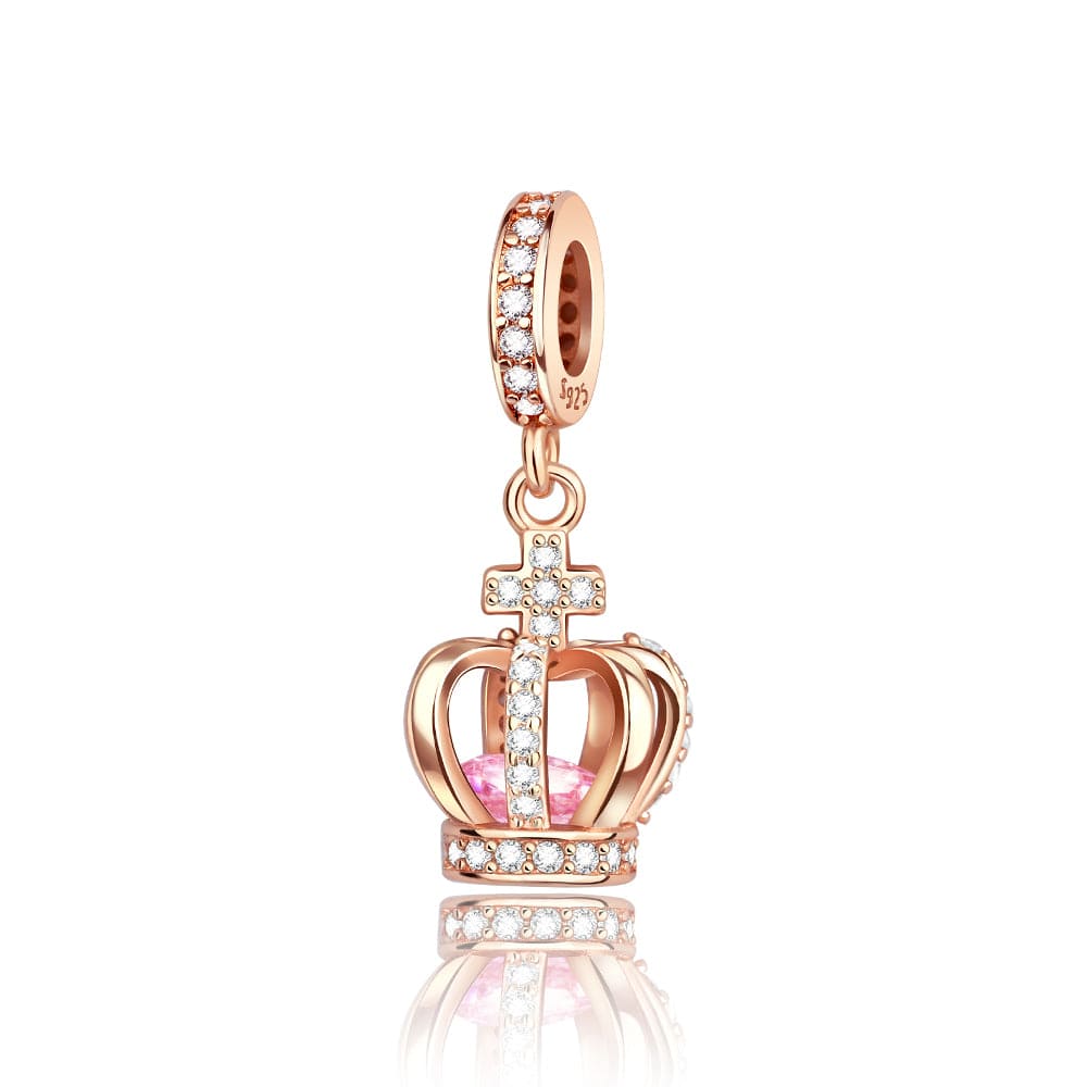 Pangama Jewelry Charm Rose Gold Crown Charm with Pink Crystal & CZ Accents