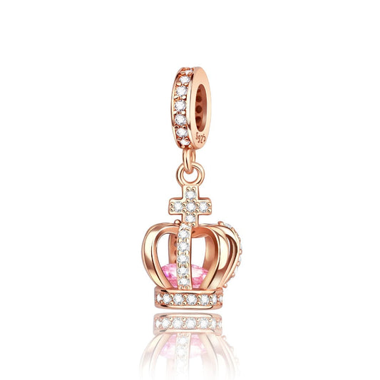 Pangama Jewelry Charm Rose Gold Crown Charm with Pink Crystal & CZ Accents