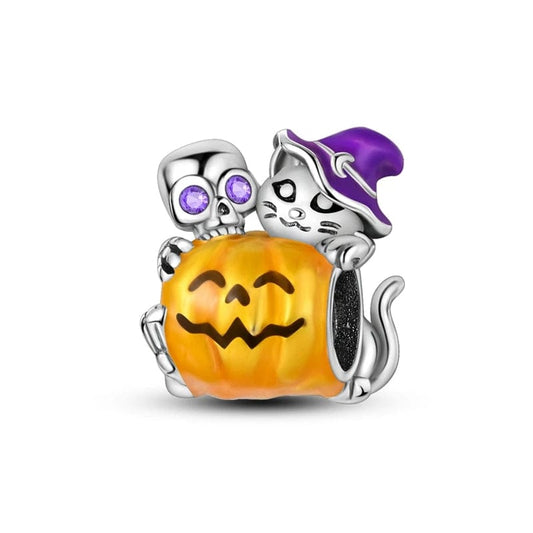 Pangama Jewelry Charm Skeleton & Witch Cat on Pumpkin Charm