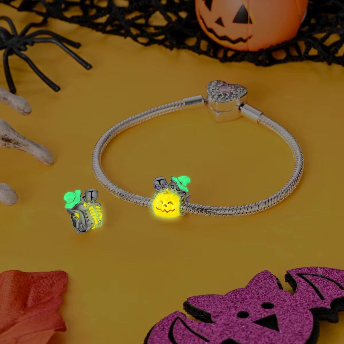 Pangama Jewelry Charm Skeleton & Witch Cat on Pumpkin Charm